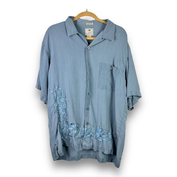 Luau Mens Sz L 100% Finest Silk Blue Hawaiian Short Sleeve Shirt Embroidery - Picture 1 of 12